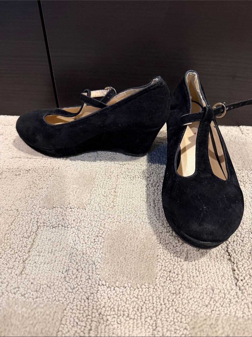 Little girls Black Suede T-Strap Wedge heel